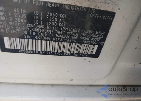 2015 Subaru Legacy 2.5I Limited from USA, damaged, VIN 4S3BNAL61F3010396